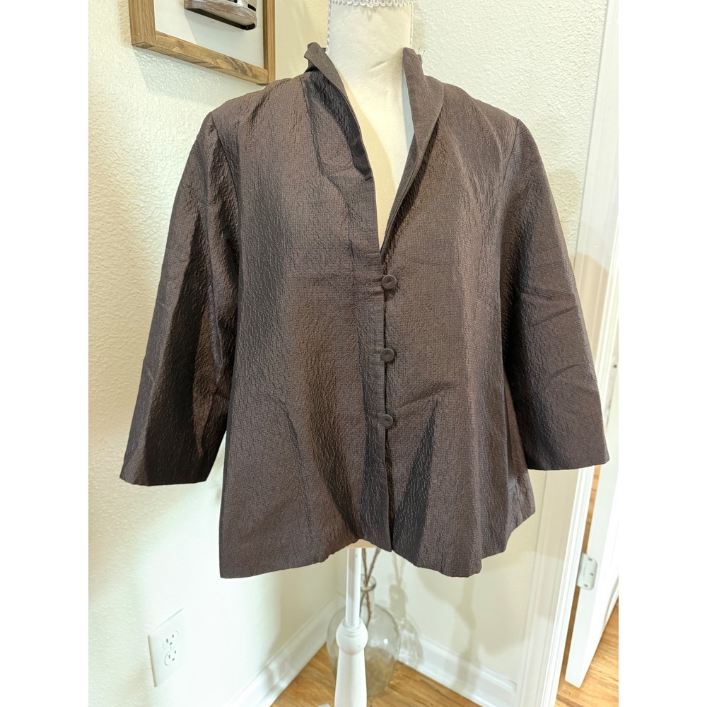 Eileen Fisher 100% Silk Crinkle Button Front Jacket Bronze Brown Small Lagenlook